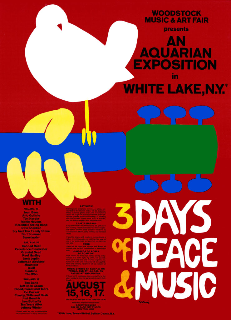 "Woodstock poster original" by Arnold Skolnick (original artist) via Wikimedia Commons.