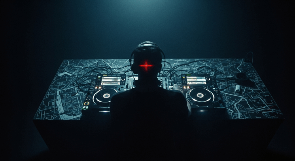 Hang The DJ un mixer spento in una stanza scura e desolata, che simboleggiano la perdita di rotta e la disconnessione tra il DJ e la sua missione. Immagine generata con AI