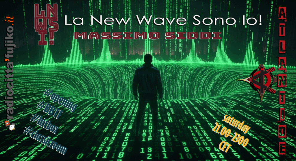 Un'immagine astratta che rappresenta la Matrice digitale con codici e onde sonore, evocando il viaggio sonoro di LNWSI! tra vuoto e rumore.
