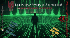 Un'immagine astratta che rappresenta la Matrice digitale con codici e onde sonore, evocando il viaggio sonoro di LNWSI! tra vuoto e rumore.