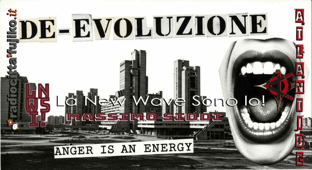 Collage in stile punk con una città desolata e la scritta "De-Evoluzione", a rappresentare la resistenza culturale contro l'ipnosi sociale.