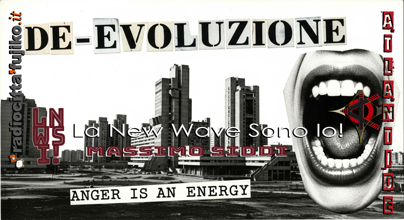 Collage in stile punk con una città desolata e la scritta "De-Evoluzione", a rappresentare la resistenza culturale contro l'ipnosi sociale.