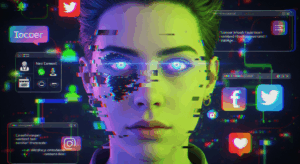 Ritratto in digital art iper-realistico di un avatar post-umano e non-binario. Hyperpop