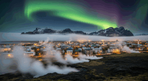 Paesaggio islandese con vapori geotermici e atmosfera artica tipica della scena musicale di Reykjavík