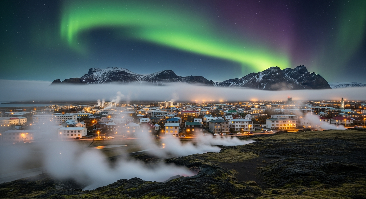 Paesaggio islandese con vapori geotermici e atmosfera artica tipica della scena musicale di Reykjavík
