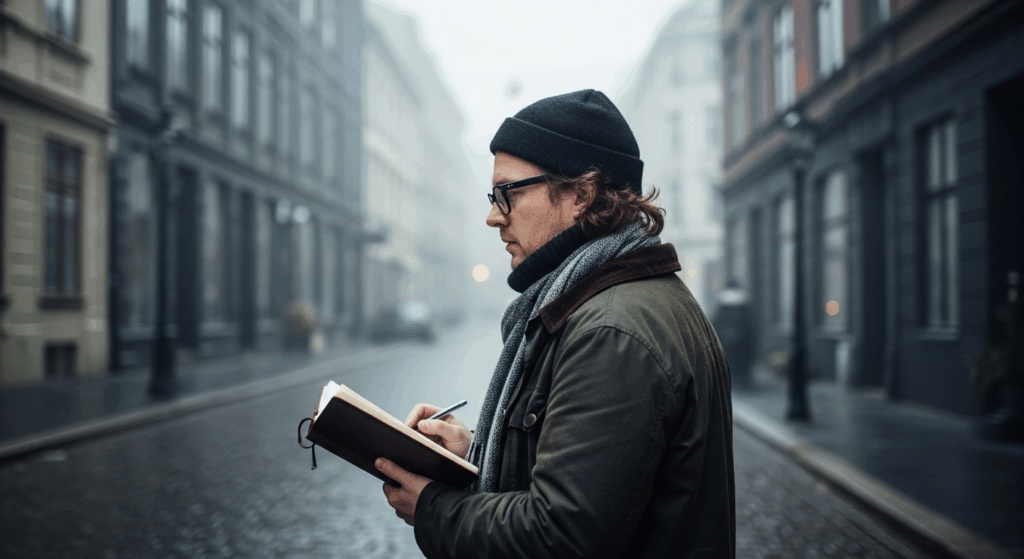 Giornalista musicale Marcus Lindberg scrive appunti in strada Oslo - reportage Nordic Voices novembre 2025