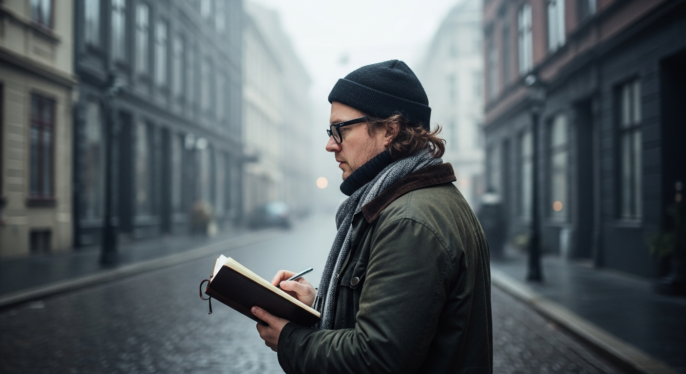 Giornalista musicale Marcus Lindberg scrive appunti in strada Oslo - reportage Nordic Voices novembre 2025