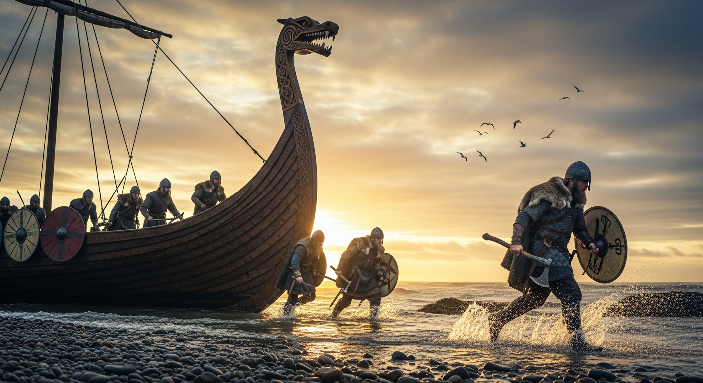 Nave vichinga con testa di drago (drakkar) durante lo sbarco di guerrieri in assetto da battaglia sulla costa della Danimarca medievale
