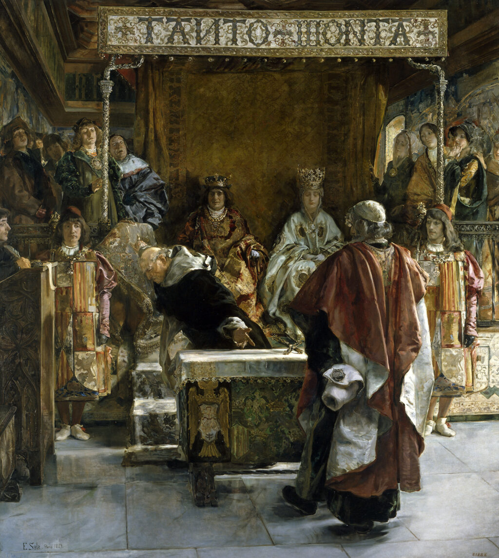 Tomás de Torquemada presenta ai Re Cattolici il decreto di espulsione degli ebrei, dipinto di Emilio Sala del 1889