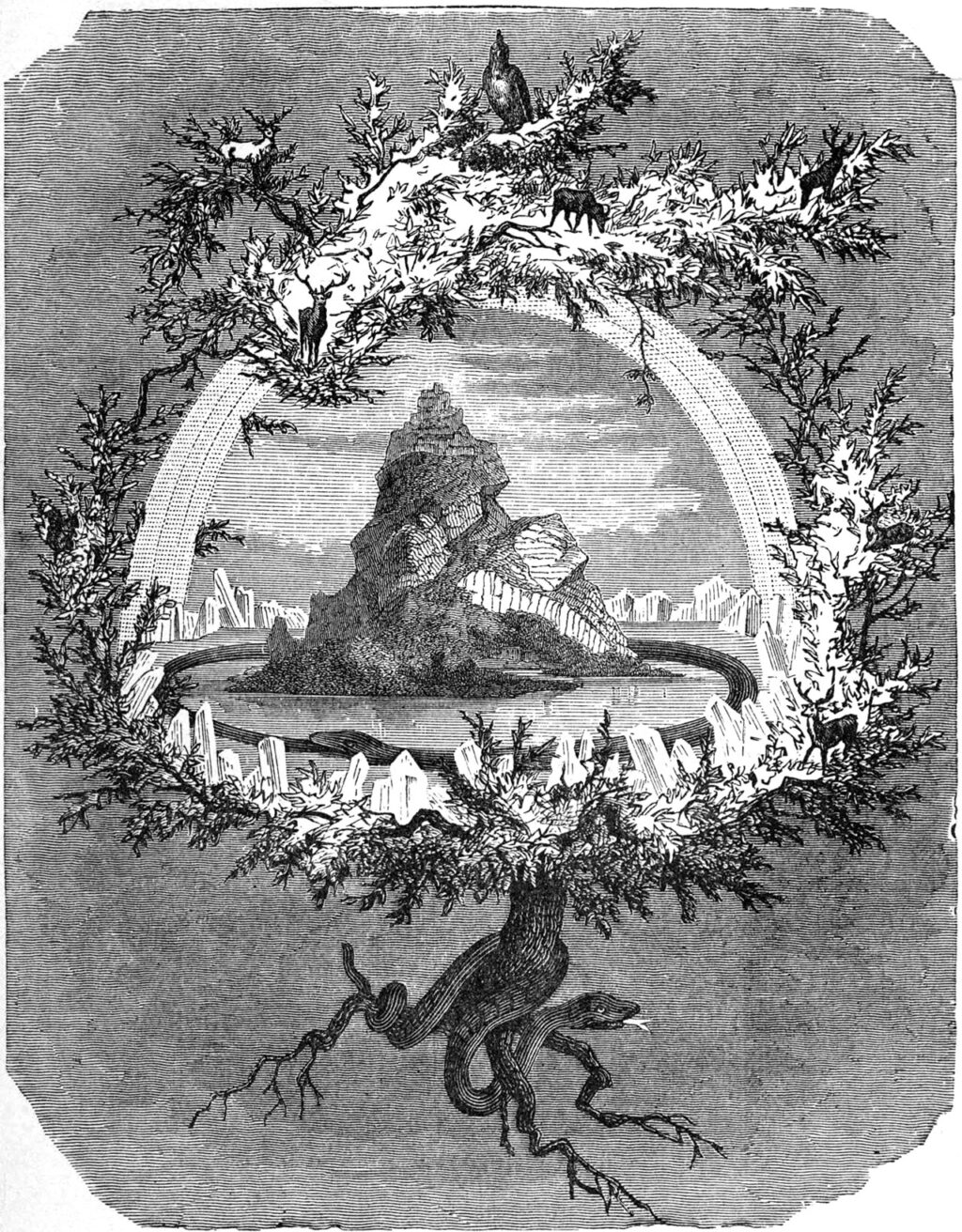 Sentiero che scende tra radici e nebbia in un paesaggio nordico, immagine del condotto Helvegen, il canto funebre dei Wardruna.