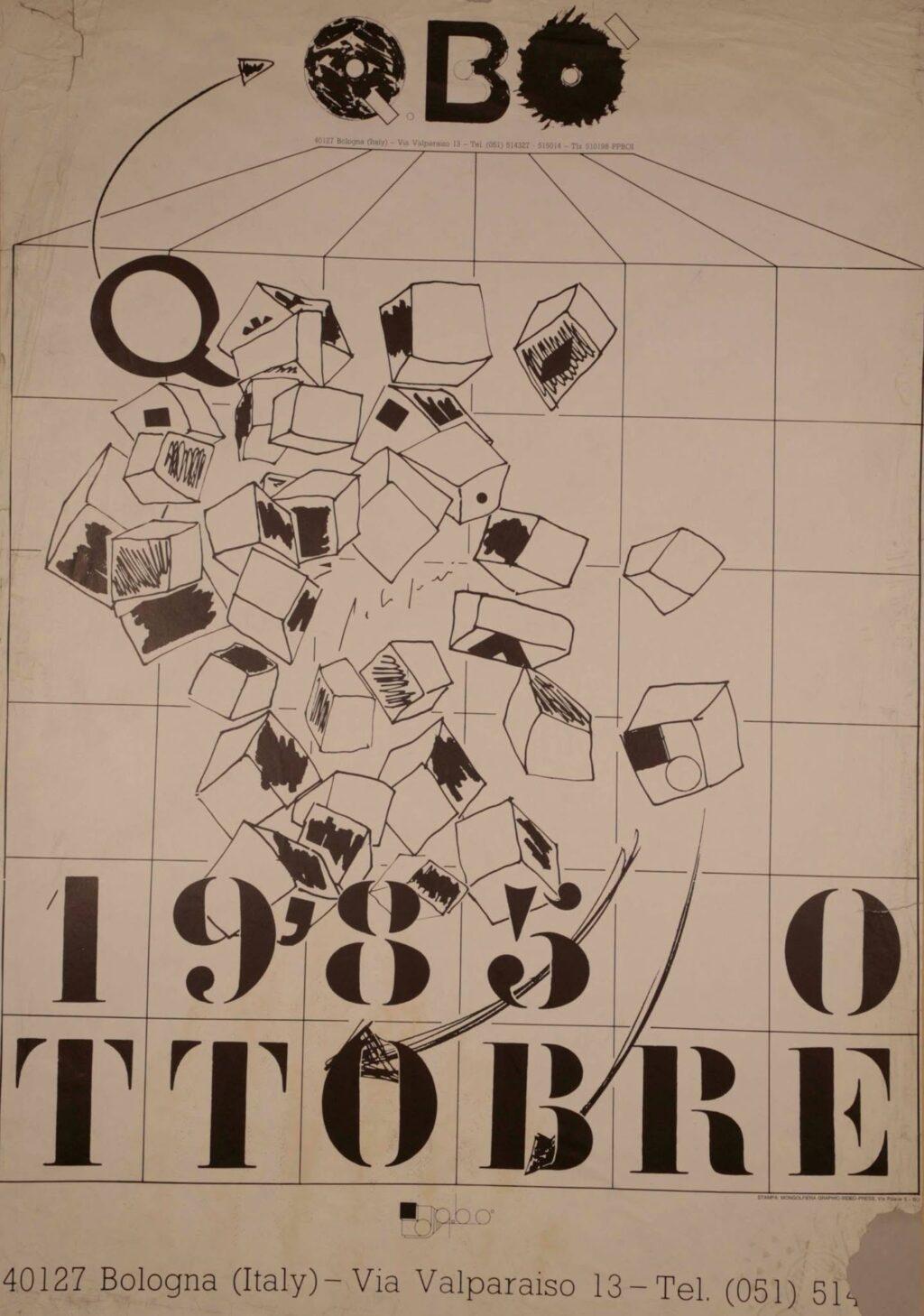 Manifesto originale del Q.BO' di Bologna con l'indirizzo di Via Valparaiso 13, ottobre 1985