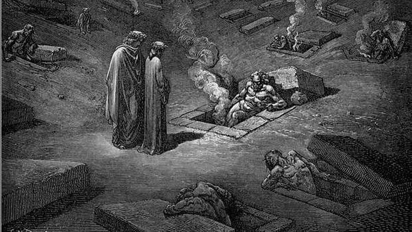 Incisione di Gustave Doré con Farinata degli Uberti che si erge dal sepolcro nel sesto cerchio