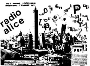 Manifesto di Radio Alice con lettere ritagliate montate sopra le Due Torri di Bologna, in bianco e nero ad alto contrasto