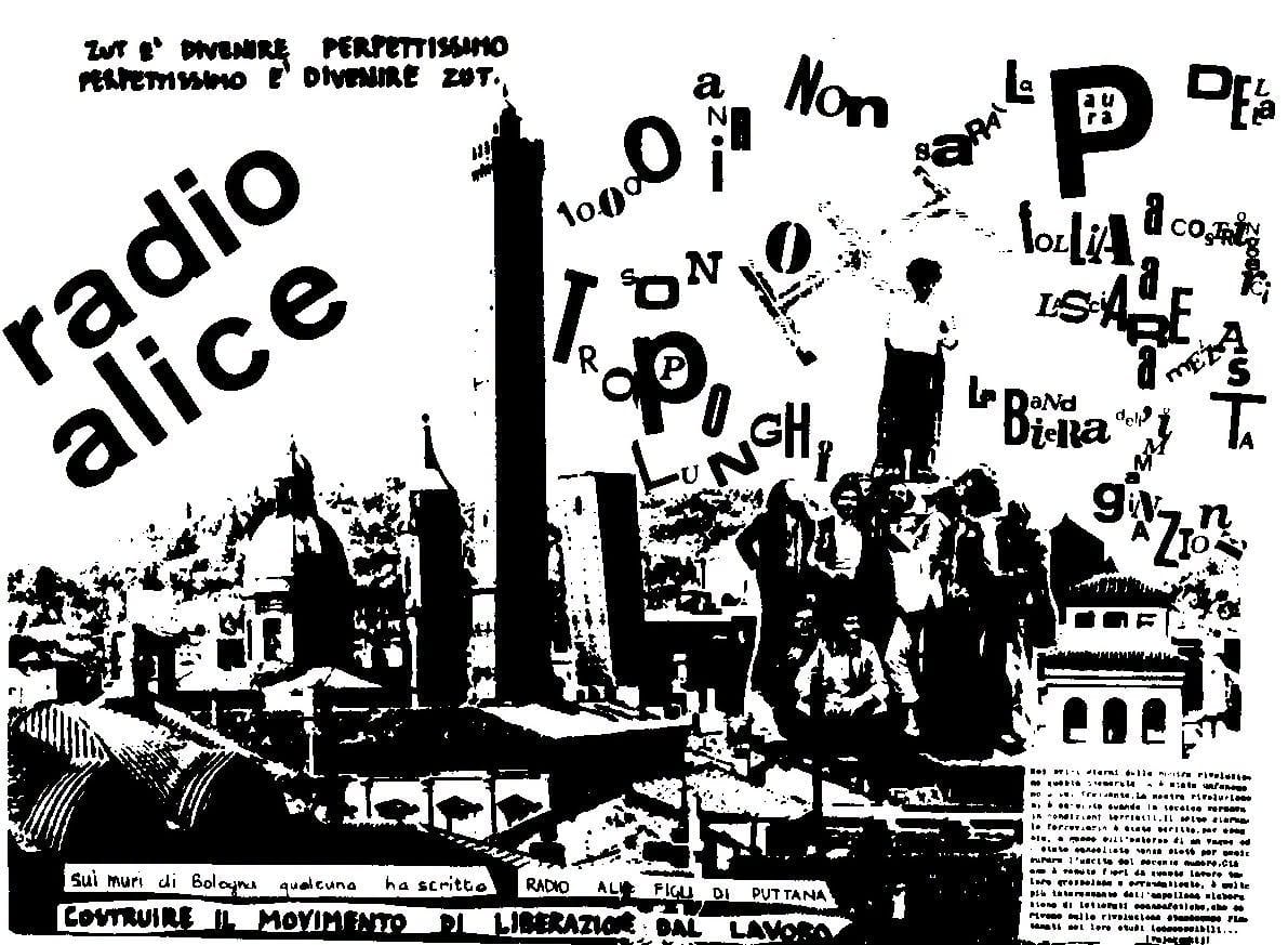 Manifesto di Radio Alice con lettere ritagliate montate sopra le Due Torri di Bologna, in bianco e nero ad alto contrasto